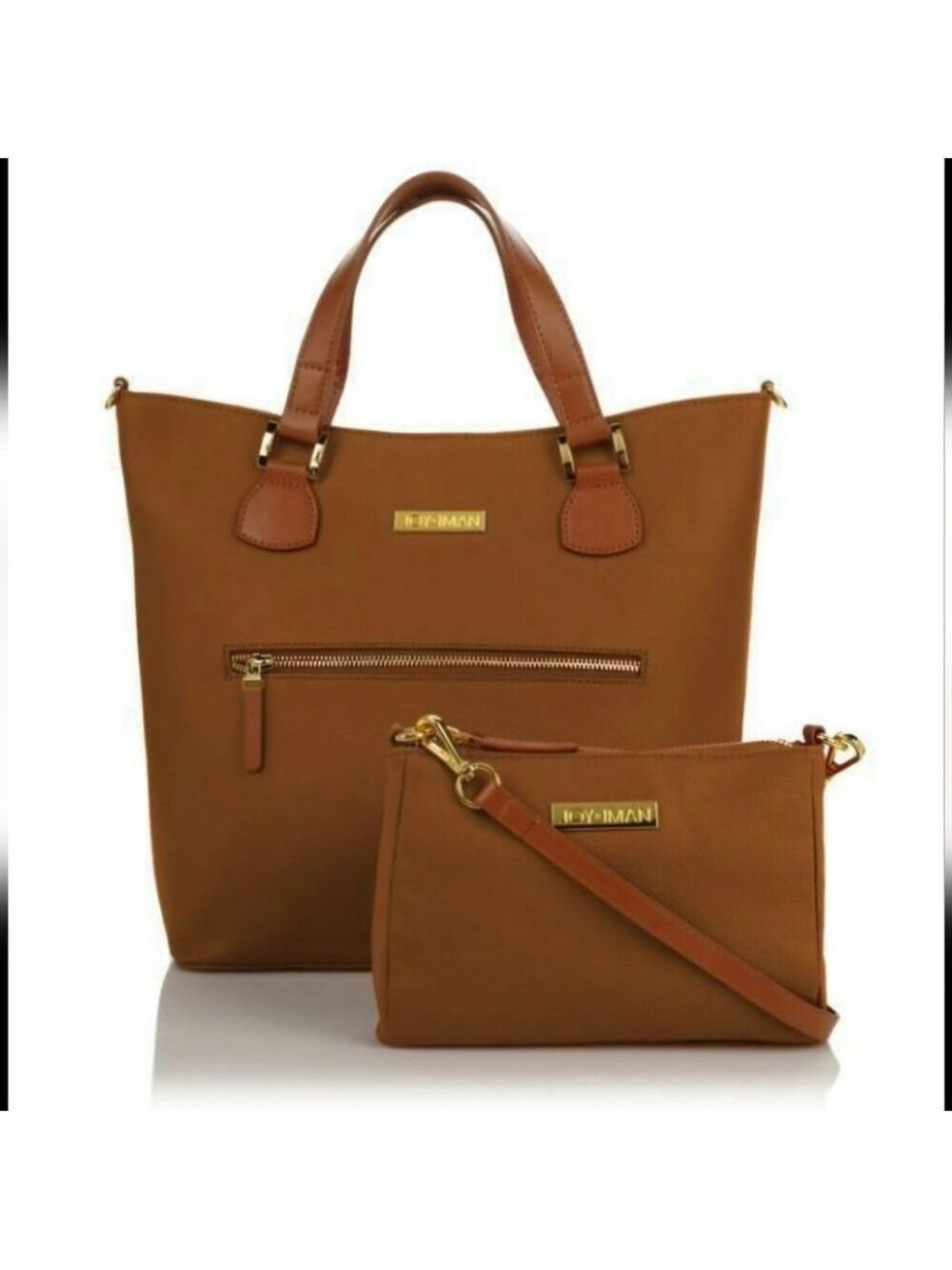 JOY & IMAN | Alexandria Cognac Leather Tote & Crossbody Set | Pebbled Leather